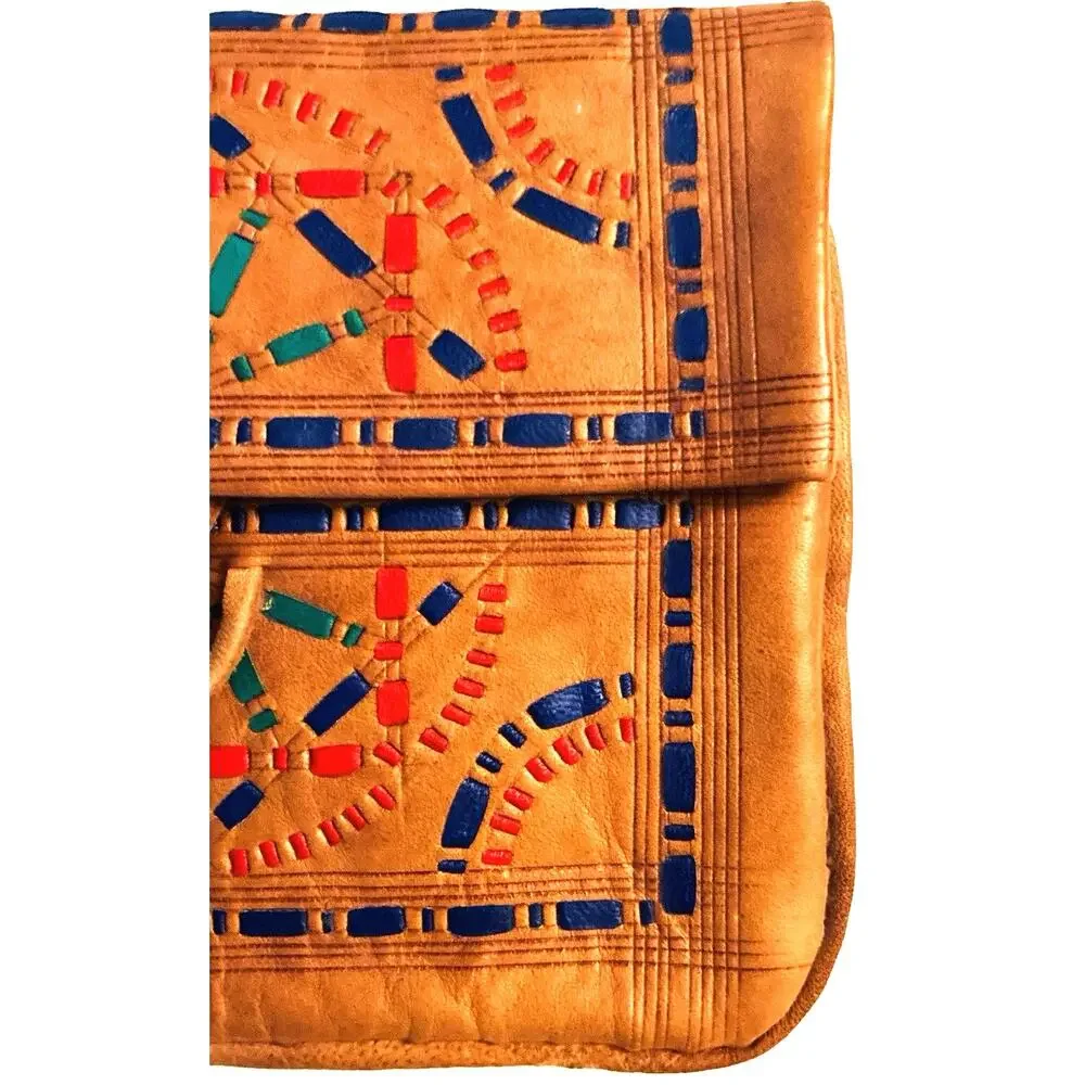 Handmade Morrocan Leather Mini Clutch Coin Purse Fold Over Tassel Toggle Closing